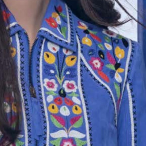 Double D Ranch leather fringe jacket floral embroidered cross stitch RTL $1200 - Picture 7 of 9
